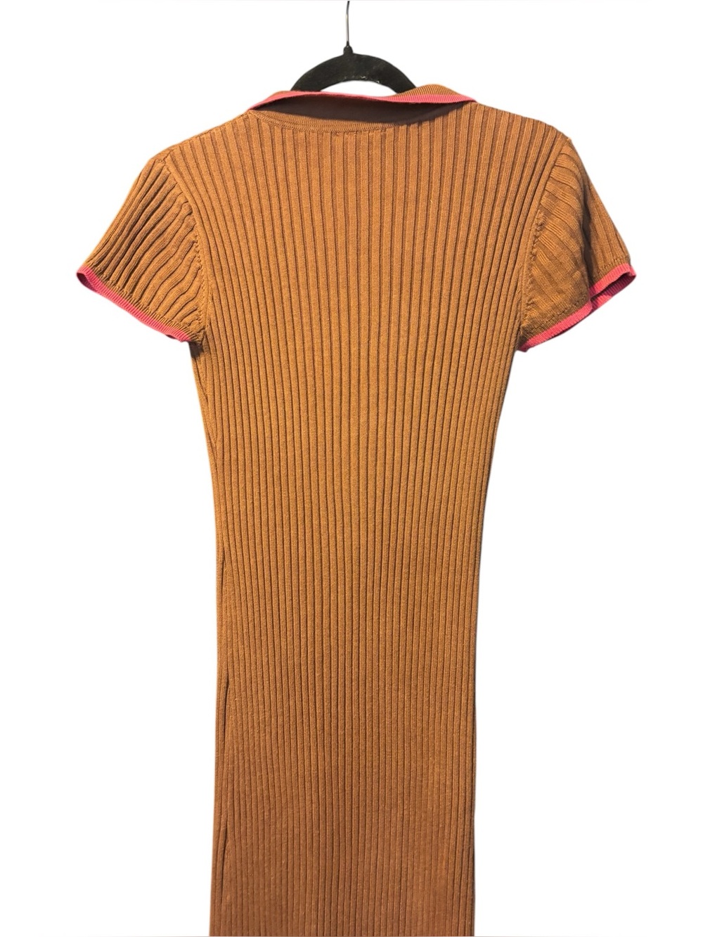 Dolan Brown Rib Knit Midi Button Front Shirt Dress Pink Trim Size Small - Picture 5 of 7